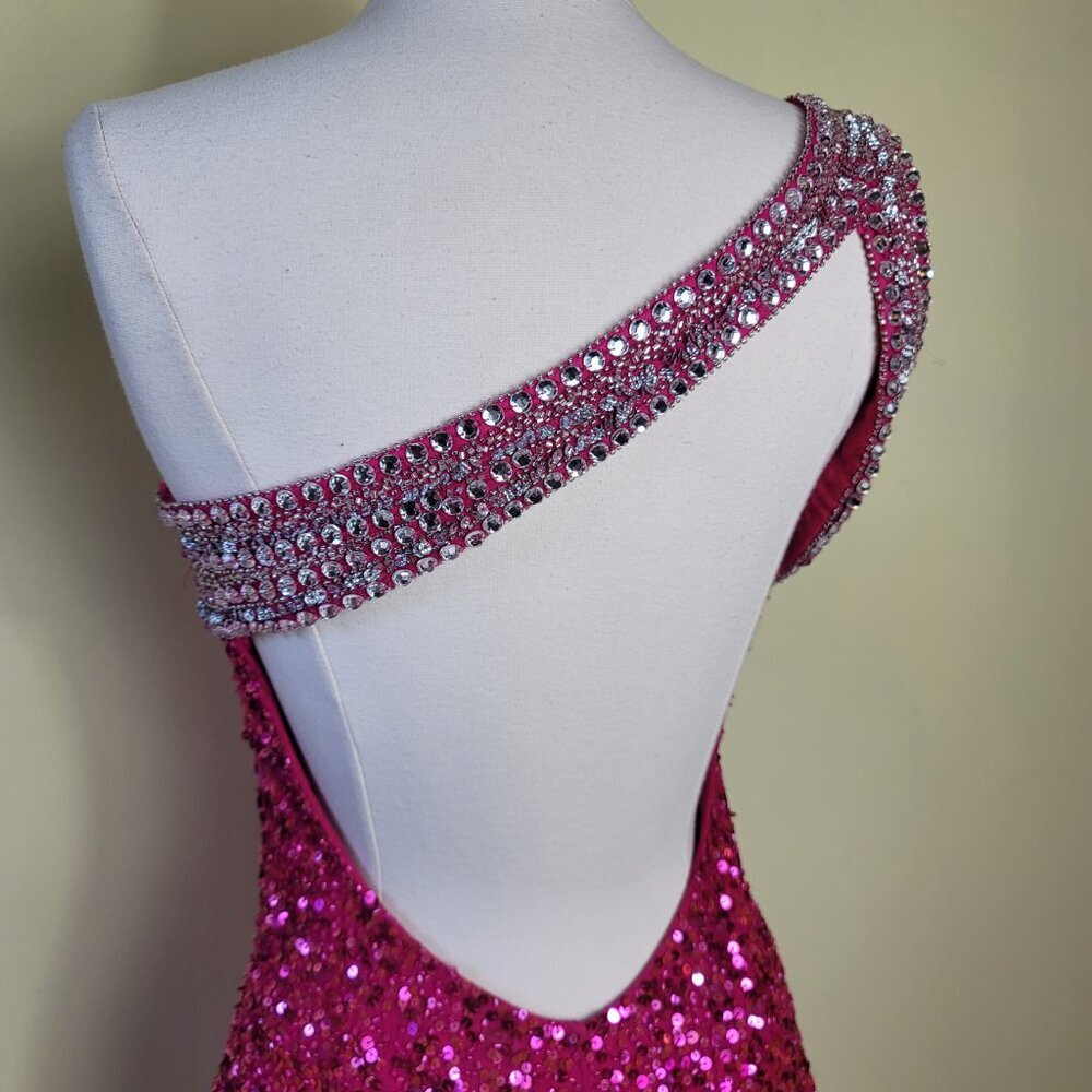 Scala Vintage Hot Pink 100% Silk Crystal Sequin Open Back Women's Gown | Size 4 - Picture 7 of 13